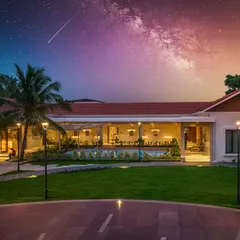 A night-time rendering of the farmhouse, illustrating how architectural and landscape lighting can transform the property into a magical, resort-like environment under the stars.