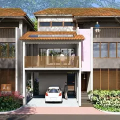 A front elevation view of a modern villa, showcasing our design philosophy for human-scaled architecture. Balconies and accessible frontages help bridge the gap between private homes and the public street.