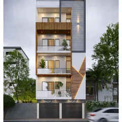 This proposed elevation for builder floors in West Delhi integrates commercial shops on the ground floor. The design uses a dynamic mix of wood textures, profile lighting, and glass railings to create a modern, multi-functional building.