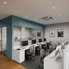 A 3D render of the shared workstation area for the Pune project. This visualization helped our client see how the clean lines, ergonomic chairs, and subtle color accents would come together to form a productive and aesthetically pleasing workspace.