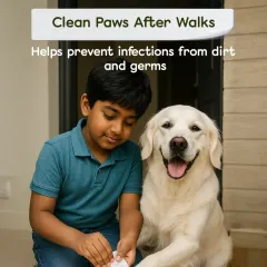 A young boy carefully cleaning his Golden Retriever's paws. Muddy paws can bring in germs and lead to infections. We always recommend wiping your pet's paws clean with a soft cloth after every walk.