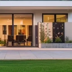 This design connects the home's interior with the garden through large glass doors and a paved stone patio. The exterior wall features a decorative stone panel, adding an artistic touch to the functional outdoor space.