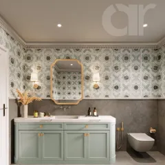 I believe even functional spaces like bathrooms should feel like a luxurious escape. In this design, intricate Moroccan-inspired tiles are paired with a custom sage green vanity and brushed brass fixtures to create a space that is rich in detail, texture, and personality.
