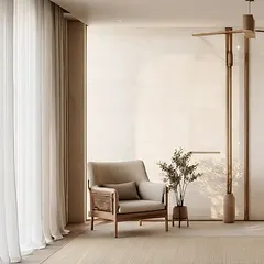 Another view of the serene reading retreat concept. The comfortable armchair, natural textures, and soft, diffused light create a perfect corner for getting lost in a good book.