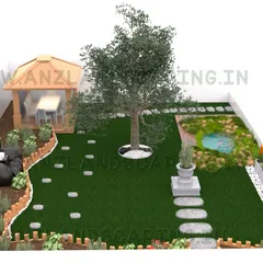 A 3D rendering of a potential garden design, showcasing a gazebo, a small pond, pathways, and planting schemes. This is a key step in our design process.