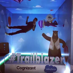 An attendee interacts with our Anti-Gravity Booth at a corporate event for Cognizant and Salesforce. This setup creates a powerful illusion of floating, providing a unique photo opportunity that highlights event sponsors and themes.