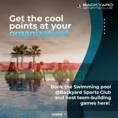A promotional graphic inviting organizations to book our swimming pool for team-building games and corporate cool-down events.