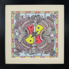 We take immense pride in keeping traditional Indian art forms alive. This vibrant Madhubani painting, with its intricate patterns and symbolic fish motifs, is a beautiful example of the rich cultural heritage you can learn to create with us.