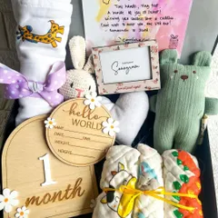 A bundle of love for a newborn. This hamper is packed with milestone cards, soft toys, a sonogram frame, and a personalized 'Hello World' plaque to record birth details.