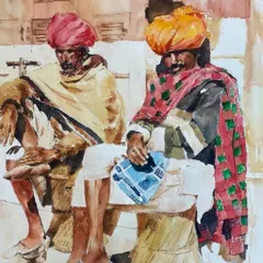 'Sun and Sand' is a watercolor masterpiece depicting two men in Rajasthan. Every stroke on the high-quality Arches paper is deliberate, showing my control over the medium to capture the light and texture of the scene.