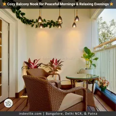 I designed this cozy balcony nook for peaceful mornings and relaxing evenings. The space combines comfortable wicker chairs, warm pendant lighting, and a mix of colorful and green plants to create a serene corner that feels like a vacation at home.