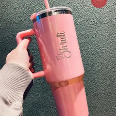 Add a little sparkle to your day with our glam tumblers. This glittery pink tumbler is not just stylish but also keeps your drinks at the perfect temperature, and we can personalise it with your name.