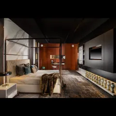 Part of our QUATTRO bedroom collection, this modern wall unit integrates a TV niche and concealed storage for a clean, clutter-free look. It sits opposite an elegant four-poster bed, creating a balanced and functional space.