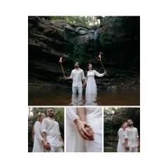 A collage from a concept pre-wedding shoot at a waterfall. The couple, dressed in white and holding torches, creates a dramatic and mythical scene that is truly unforgettable.