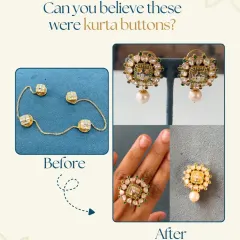 Can you believe these were once men's kurta buttons? A client brought them to us before a wedding, and we turned them into a stunning and versatile set with a ring, earrings, and a pendant, complete with uncut diamonds and South Sea pearls.