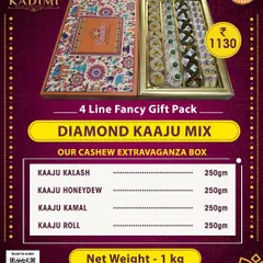 The Diamond Kaju Mix is a true indulgence for cashew lovers. This 1kg fancy gift pack includes Kaju Kalash, Kaju Honeydew, Kaju Kamal, and Kaju Roll, perfect for weddings and grand celebrations.