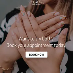 Can't decide between two styles? This graphic encourages you to book an appointment and try them both, showcasing a hand with beautifully detailed abstract nail art.