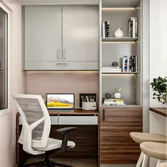 A compact and highly functional study nook perfect for a small apartment. I utilized vertical space with overhead cabinets and open shelving, while under-cabinet lighting illuminates the desk area without taking up surface space.
