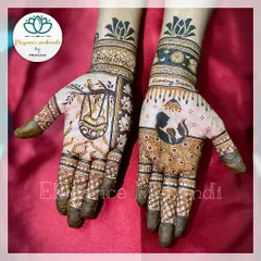 A special baby shower mehendi for a beautiful mom-to-be. One hand features a cradle, while the other shows a mother and baby silhouette with the words "Coming Soon."