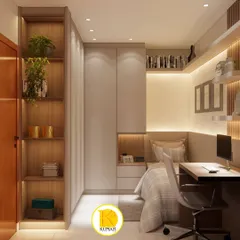 A cozy and smart study nook built into a compact bedroom. The design features a desk, overhead bookshelves, and a wardrobe, all in a cohesive light wood and white finish with warm backlighting.