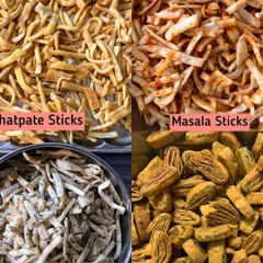 A variety of savory sticks perfect for tea time: Chatpate Sticks, Masala Sticks, Pudina Sticks, and Methi Masala Mathri.