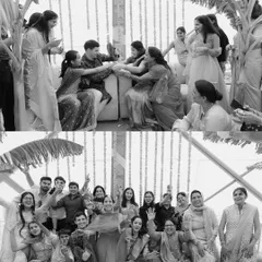 A black and white collage showing the fun and family involvement in the wedding. It captures playful rituals and a happy group photo with all the guests, celebrating together.