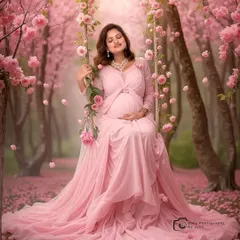 A dreamy, artistic portrait of a mom-to-be in a pink gown, seated on a swing in an enchanted pink forest. This is a perfect example of my creative digital editing.