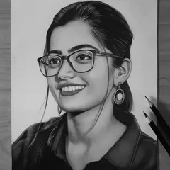 A finished portrait of Rashmika Mandanna, this time wearing glasses, which adds another layer of detail with reflections and shadows.