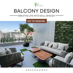 This balcony design in Delhi breathes life into a previously dull space. The combination of a faux green wall, a large potted tree, and comfortable seating creates a perfect urban escape.