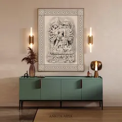 The final Durga artwork displayed in a contemporary interior. It hangs above a modern console, demonstrating how traditional art can be a powerful focal point in a modern home.