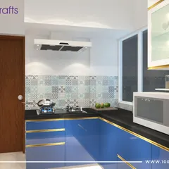 For our 'Majestic Fortune' project, we designed this kitchen with bold blue cabinets, gold trim, and patterned tiles to create a vibrant, modern-traditional look.