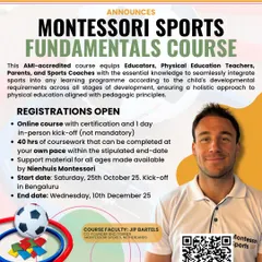 An announcement for our 3rd Montessori Sports Fundamentals Course, an AMI-certified blended program. This poster details the 40-hour course led by Jip Bartels, designed for educators, parents, and coaches to seamlessly integrate sports into Montessori environments for holistic growth.