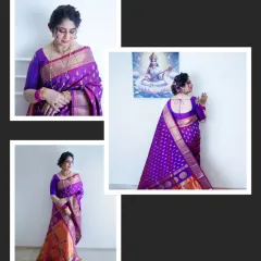 This collage highlights a stunning purple and orange Paithani. We used a simple white wall and a painting to create an elegant, gallery-like feel for this indoor brand shoot.