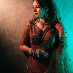 A creative and moody portrait from a ring ceremony, using dual-toned lighting for an artistic effect.