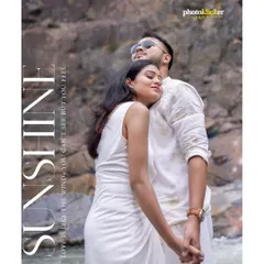 An album-style page with a romantic photo of a couple by the river, capturing a tender embrace with the text "Sunshine".