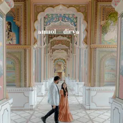 Your love story set against the grandeur of history. This pre-wedding portrait was taken at Patrika Gate in Jaipur, blending the couple's modern romance with timeless Indian architecture. This is for couples who dream of a royal, elegant engagement session.