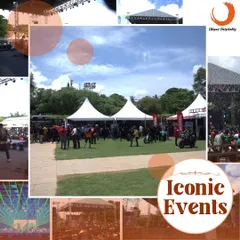 A collage celebrating the iconic events hosted at our venues. The central image shows a large outdoor festival, demonstrating our ability to manage events with significant attendance and complex logistics.