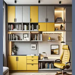 This is a complete home office and study solution I designed for maximum storage and functionality. It features a combination of open bookshelves, closed cabinets, drawers, and a spacious desk, all tied together with a modern grey and yellow color scheme and ambient lighting.
