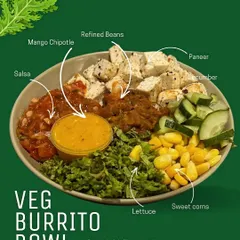 This is my Veg Burrito Bowl, deconstructed for you to see every fresh ingredient. It includes premium paneer, refined beans, sweet corn, crisp lettuce, salsa, and my special mango chipotle sauce.