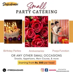 This graphic shows the types of small occasions we cater for, including birthday parties, anniversaries, and pooja functions, with prices starting from Rs. 300 per head.
