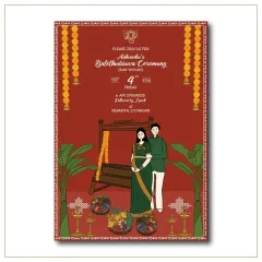 This baby shower invitation for a Balehudosuva ceremony features a custom illustration of the parents-to-be. The design incorporates traditional elements like banana leaves, marigold garlands, and brass lamps for a culturally rich feel.