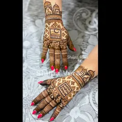 This design for Karwa Chauth features architectural domes and a crescent moon, blending geometric patterns with festive symbols.