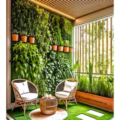 A perfect example of a cozy green corner. I installed a dense living wall as a backdrop for a comfortable seating area with cane chairs. The flooring combines artificial grass with stepping stones, creating a functional and visually interesting garden path effect.