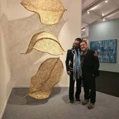 With a guest at my booth during the India Art Fair. Exhibitions are not just about showing the work, but about building connections and engaging in conversations about art, sustainability, and the ideas that drive us.