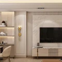 An example of our "less is more" philosophy. This space uses a light color palette, integrated shelving, and a feature marble wall to feel open and uncluttered.