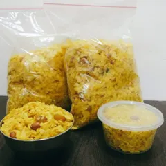 This is my homemade Roasted Poha Chevda, a crunchy and savory snack perfect with tea. I pack it fresh so you can stock your pantry. You can see the different portion sizes I offer, from a small bowl to larger packs.
