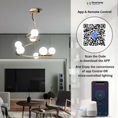 Many of our modern chandeliers, like this spiral globe design, can be controlled via a mobile app or voice assistant. The QR code makes it easy to download the app and enjoy the convenience.