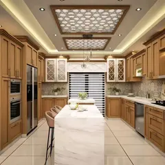 A luxurious, traditional-style kitchen with warm wood cabinetry and intricate geometric patterns on the ceiling and cabinet doors. A large marble island with seating serves as the central hub for cooking and socializing.