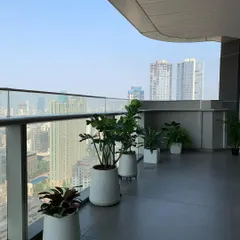 Another view of the Omkar 1973 Worli project, showing the full length of the balcony. The uniform planters create a cohesive and sophisticated look, turning the entire balcony into a serene outdoor lounge area.