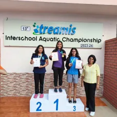 On the podium! It's a great feeling to see our swimmers' efforts rewarded. These girls raced hard and earned their spot at the top in a competitive inter-school meet.
